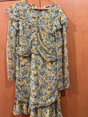 Veronica Beard Yellow Floral Ruffle Long-Sleeve Dress